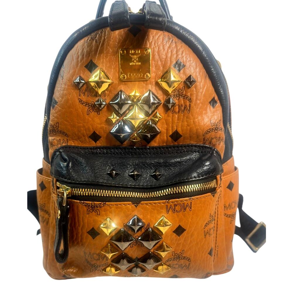 MCM Stark Studded Mini Backpack Cognac Visetos Black Leather Trim w/ COA